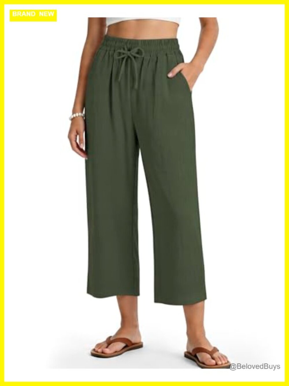 High Waist Capri Pants Loose Fit Drawstring Summer Trousers Pockets Beach